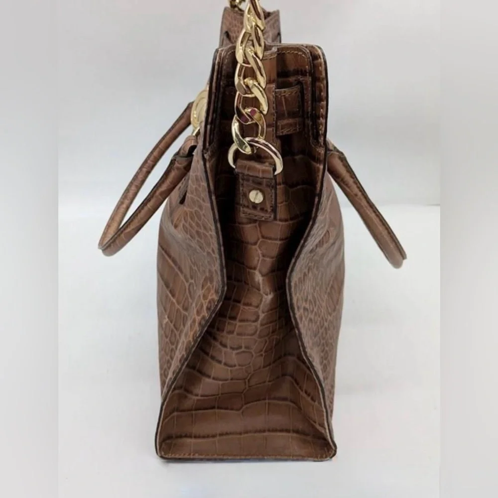 Michael Kors Hamilton Croc-Embossed Leather Tote Bag Brown Gold Authenticated